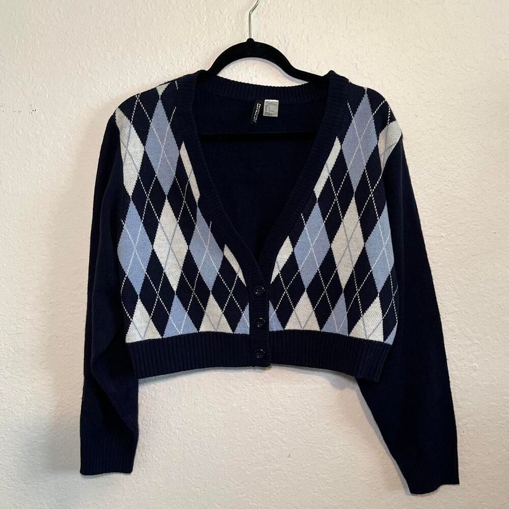 H&M Navy Blue Plaid Cardigan